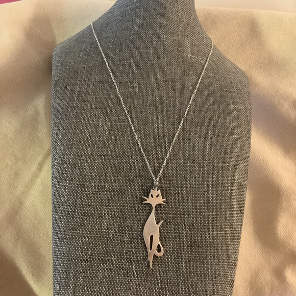 Sterling Silver 925 Signed Middle Century Modern Style Cat Pendant Necklace 18” - Picture 3 of 5
